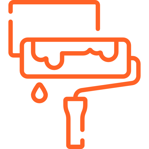 Ein orangefarbener Farbroller mit Farbe und einem Tropfen.