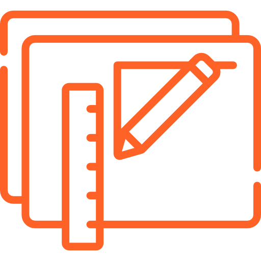 Orange Symbole von Dokumenten, einem Bleistift und einem Lineal.