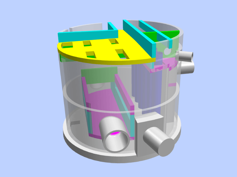 Technisches Modell eines zylindrischen Behälters mit farbigen, komplexen Innenstrukturen.